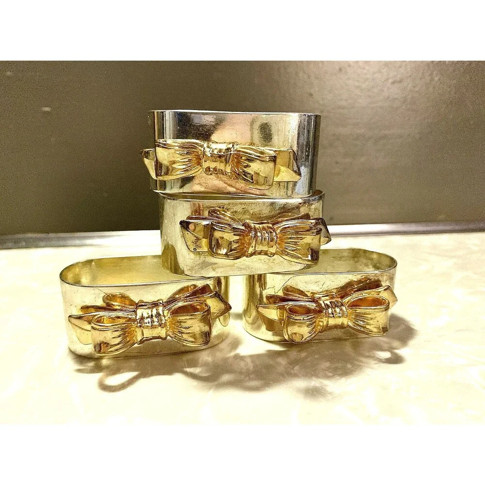 Vintage Regal Quality Silver Plated Napkin Rings Gold Bow Set of 4 Hong Kong